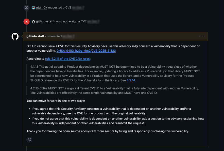 CVE ID の取得が Reject された例