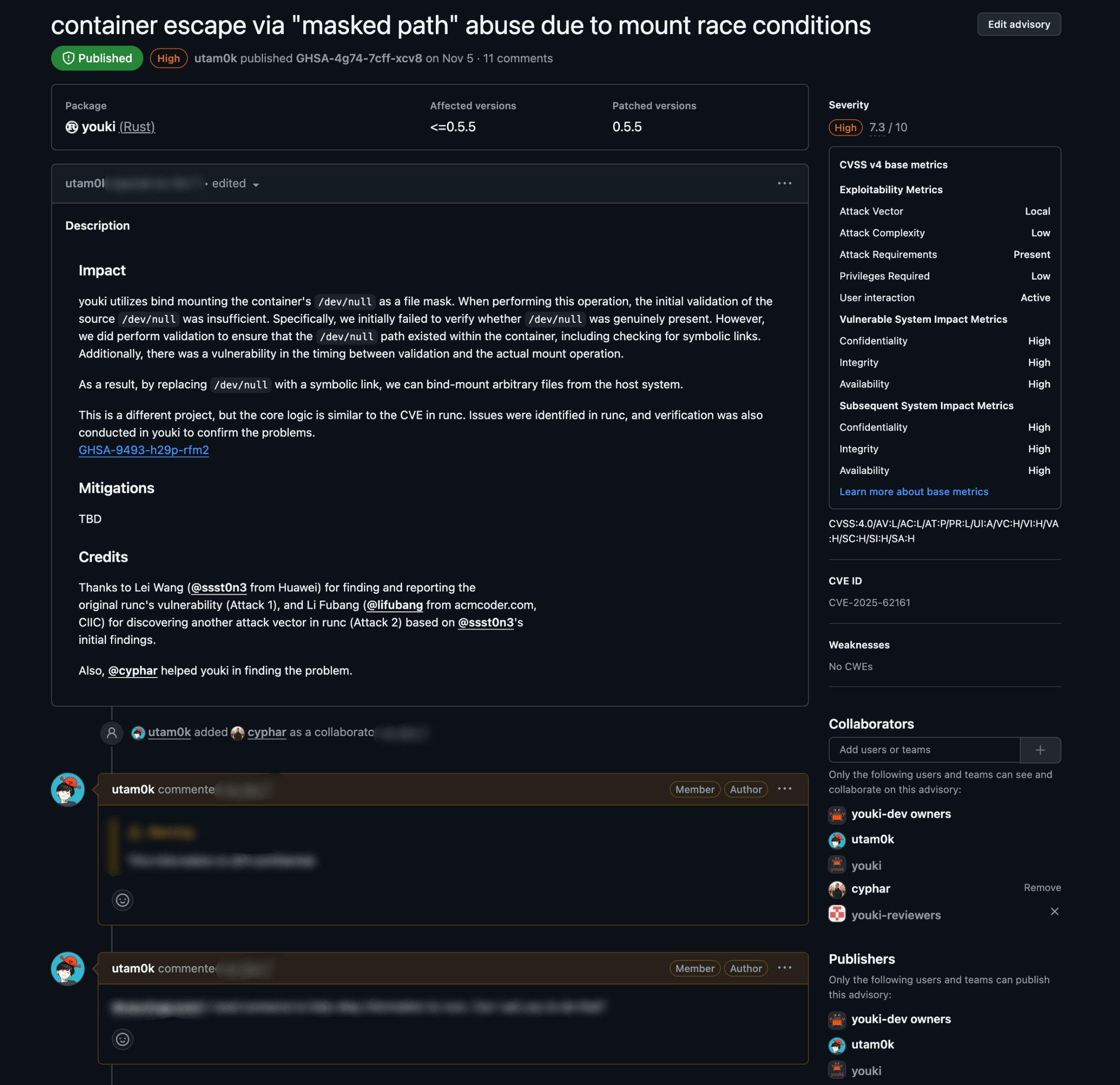 Security Advisory のコラボレーター画面